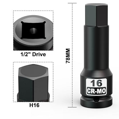 1/2" Drive 16 mm Hex Impact Bit Socket, H16 Allen Bit Socket, Metric, Cr-Mo Steel, Automotive Repair Industrial Maintenance and DIY Enthusiasts Alike - size: 1/2" H16 Deep