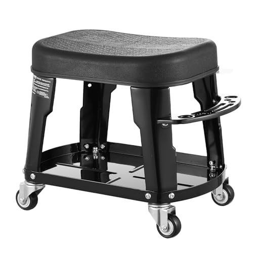 VEVOR Mechanic Stool, 300 lbs Capacity, Black, Industrial Style, Plastic Seat, Wheels, 360 Swivel, Tool Tray, Screwdriver Rack - color: Black