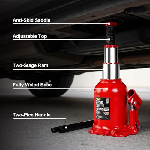 10 Ton (20,000 LBs) Double Ram Welded Hydraulic Car Bottle Jack for Auto Repair and House Lift, Red - size: 10TON-Red