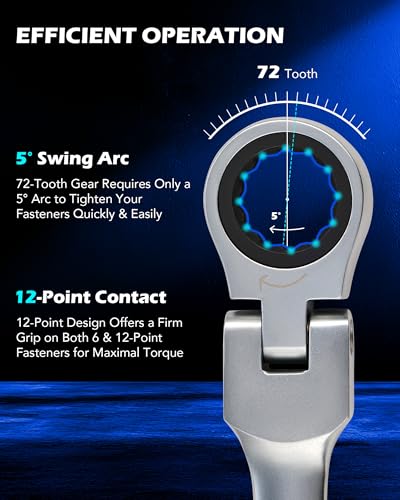 OMT 6Pc Metric Extra Long Flex-Head Ratcheting Wrench Set, 8-19mm Range | Durable 40CrV Steel Build; 72-Tooth Gearing; 180° Rotating Flex-Head; 12-Point Design; High-Torque Performance For Mechanics