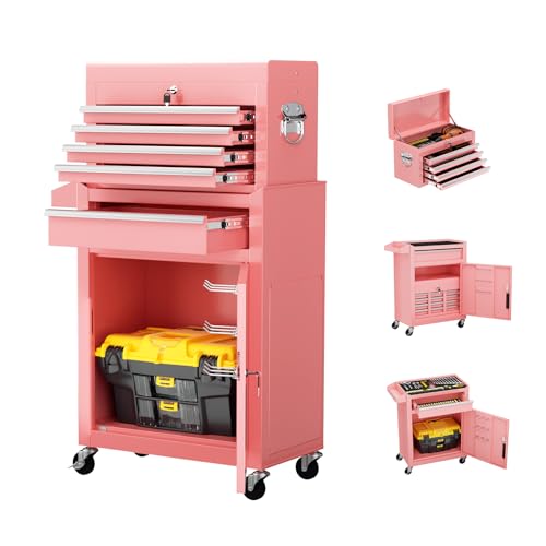 Oakcloud Heavy-Duty 5-Drawer Rolling Tool Chest & Cabinet Combo with Black Liner – Lockable Steel Garage Tool Box on Wheels – Detachable Top Toolbox & Bottom Storage Cart with Side Hooks, Pink - color: Pink, size: 5-drawer