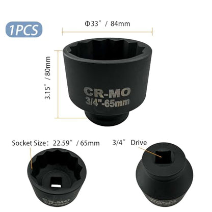 65mm Impact Socket, 3/4" Drive 12 Point Metric Axle Nut Socket Wrench, 40CR Heavy Duty Spindle Nut Remover Tool for Auto Repair (65mm)