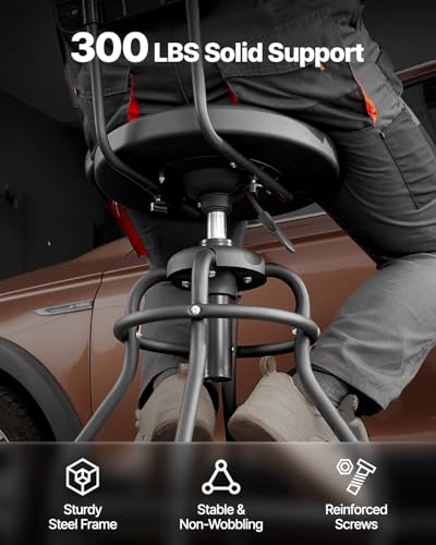 VEVOR Shop Stool with Backrest, Pneumatic Garage Seat/Work Stool with 300 lbs Capacity, Adjustable Height Roller Creeper Seat, 360° Swivel Padded, for Garage, Shop & Auto Repair, Black - style: with Backrest-no Casters