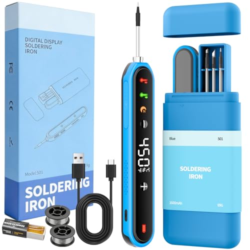 Cordless Soldering Iron Kit, Portable Soldering Iron 1600mAh Rechargeable Battery, 8s Fast Heat-Up, Adjustable Temp 180~450℃, Type-C Charging,3 Tips, Smart Wireless Heat Pen for Precision Repair(Blue)