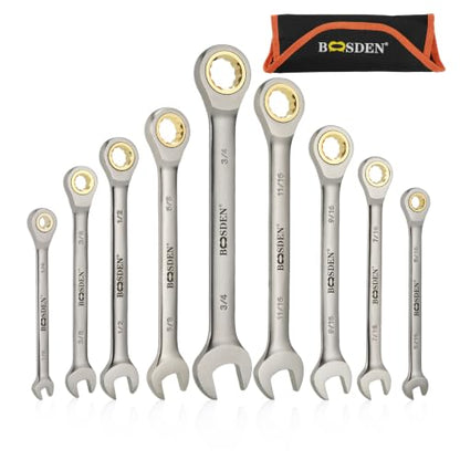 BOOSDEN 9-Piece Ratcheting Wrench Set, High-Carbon Steel Ratcheting Wrenches Set with Roll-Up Pouch, SAE 1/4-3/4" Combination Ratchet Wrench for Auto Repair, Mechanical, Household, Garage, Boat
