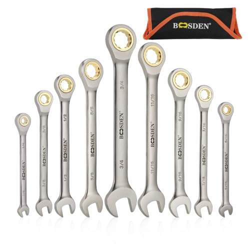 BOOSDEN 9-Piece Ratcheting Wrench Set, High-Carbon Steel Ratcheting Wrenches Set with Roll-Up Pouch, SAE 1/4-3/4" Combination Ratchet Wrench for Auto Repair, Mechanical, Household, Garage, Boat