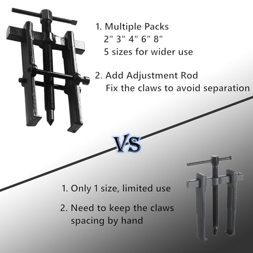 2 Jaws Bearing Puller 5-Piece Set, 2'' 3'' 4'' 6'' 8" Adjustable Two Jaw Puller Remover Tool, Carbon Steel Pump Removing Kit for Wheel, Bearings, Gears, Motorcycle