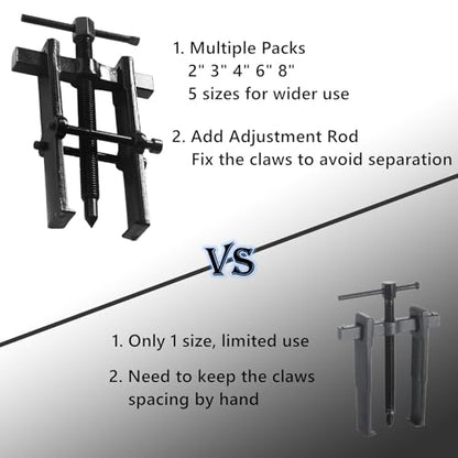2 Jaws Bearing Puller 5-Piece Set, 2'' 3'' 4'' 6'' 8" Adjustable Two Jaw Puller Remover Tool, Carbon Steel Pump Removing Kit for Wheel, Bearings, Gears, Motorcycle