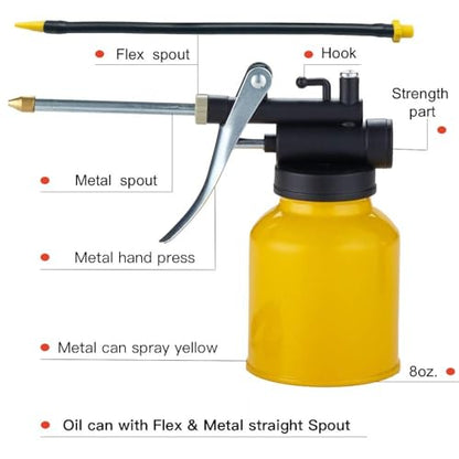 Hand Pump Oiler Can Professional Level 8 oz. Capacity Pump Oiler with Metal & Long Flex Spout