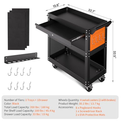 4-Tier Rolling Tool Cart On Wheels, Heavy Duty 350 Lbs Capacity Metal Mechanic Tool Cart with Lockable Drawer & Side Pegboards for Garage Workshop Repair Shop