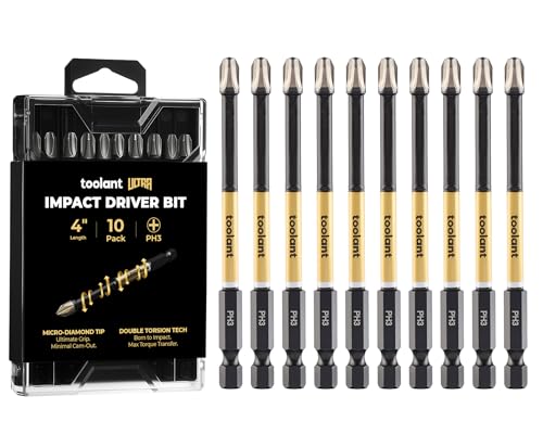 toolant Phillips Impact Screwdriver Bit Set 4 Inch PH3, 10 Pack Magnetic Anti Slip CNC Machined Tips Impact Steel X2 Driver Bit Set for Impact Driver - color: 10 Pack, size: 4in, PH3