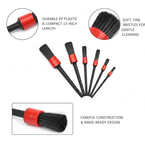 5-Piece Car Detailing Brush Set for Interior Vents, Dashboard Crevices & Wheel Rims - Black PP Plastic Cleaning Tools