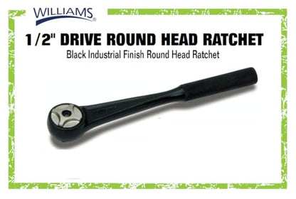 Williams JHWBS-52A 1/2-Inch Drive Round Head Ratchet with Black Industrial Finish, Knurled Grip Handle, Double Pawl Design, 72 Tooth Gear Engagement - 11-5/16 Inches