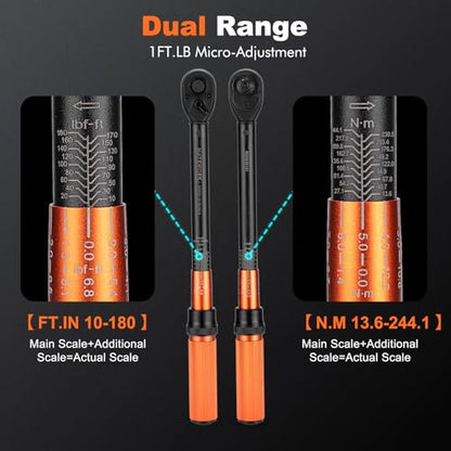 1/2-Inch Drive Torque Wrench Set 22PCS, 10-180FT.LB/13.6-244.1Nm, Click Torque Wrench Socket Set, 72-Tooth Dual-direction, ±3% Precision Adjustable Torque Wrench for Lug Nut, Bicycle, Moto, Car - size: 1/2-inch (22pcs, 10-180 ft.lb/13.6-244.1 nm)