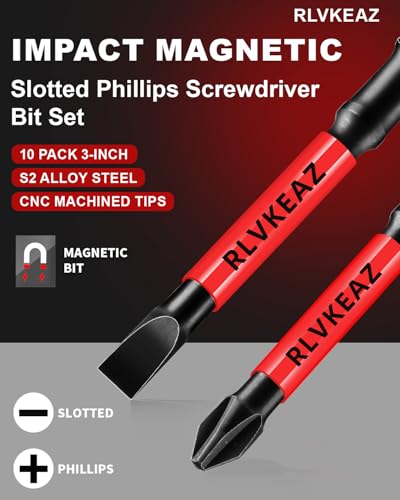 10-PCS 3" Long Magnetic Screwdriver Bits Set: Phillips Bits #1/#2/#3 & Slotted Head - S2 Alloy Steel, 1/4" Hex Shank for Impact Driver, Power Drill - Pro & DIY - style: 3'' slotted phillips bit 10pcs
