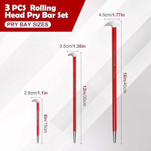 TOOLEAGUE 3Pcs Rolling Head Pry Bar Set,6",12",16" Heavy Duty Pry Bars | Hand Tool for Garages,Machinery Aligning & Prying, Red - size: 6",12",16"