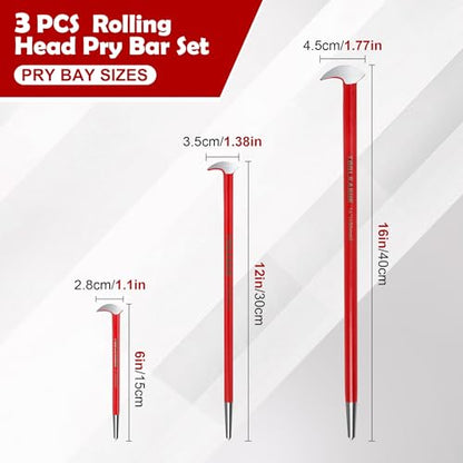 TOOLEAGUE 3Pcs Rolling Head Pry Bar Set,6",12",16" Heavy Duty Pry Bars | Hand Tool for Garages,Machinery Aligning & Prying, Red - size: 6",12",16"