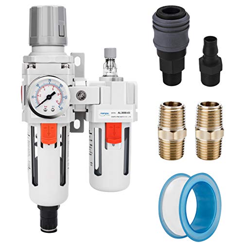 NANPU 3/8" NPT Air Filter Regulator Lubricator Combo, Water Separator | 5-micron brass filter, 0-150 psi gauge, poly bowl, auto drain, 60 SCFM, helps protect tools from moisture and debris - size: 3/8" NPT, style: Auto Drain