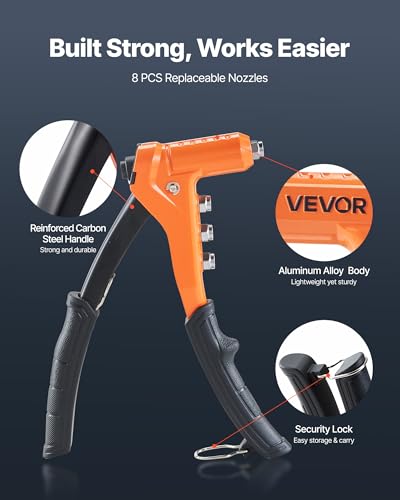VEVOR Rivet Nut Tool Kit, 9-Inch One-Handed Rivnut Tool Kit, with 8 Mandrels, a Step Drill Bit and 80 Nuts, Metric and SAE Size M3, M4, M5, M6, 6-32, 8-32, 10-24, 1/4-20 UNC, with a Carrying Case - size: 9", style: RIVET NUT TOOL