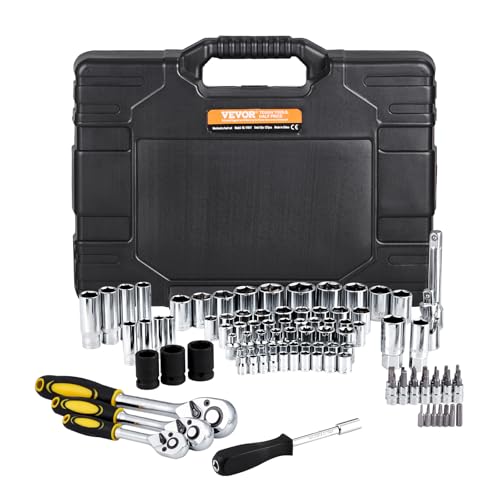 VEVOR 121-Piece Mechanics Tool Set - 1/4" 3/8" 1/2" Drive Sockets - SAE and Metric Mechanic Tool Kit with Bits - Ratchet Handle, Wrenches, Accessories, and Plastic Storage Case for Automotive Repair - size: 1/4"&3/8"&1/2", style: 121 PCS