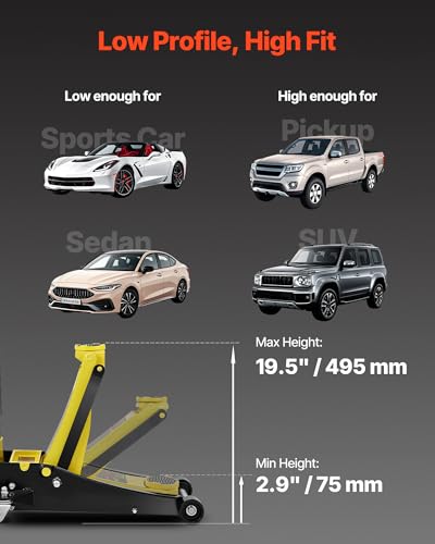 VEVOR 3 Ton Low Profile Floor Jack | Heavy-Duty Racing, Dual Pistons Quick Lift Pump, Lifting Range 3.35"-19.69"