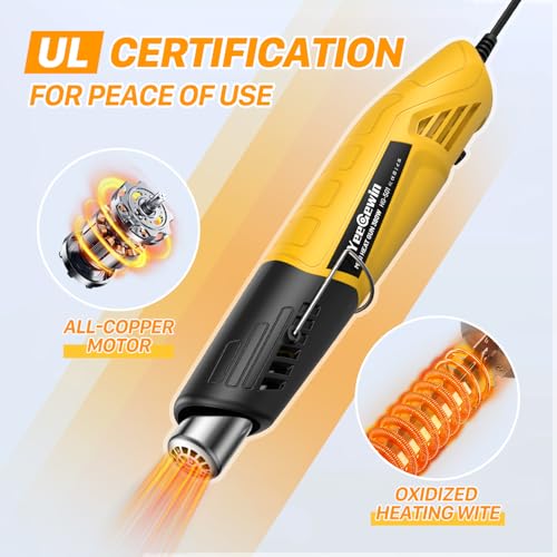 Mini Heat Gun 380W Fast Heat Hot Air Gun 2-Temp Settings 480°F-850°F(249°C-455°C) With Overheat Protection Reflector Nozzle, 4.9Ft Cable for Shrink Wrap, Vinyl, Crafts, Epoxy Resin (Yellow) - color: Yellow
