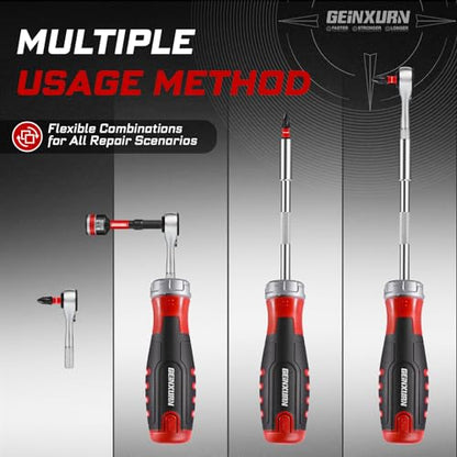 GEINXURN 19 Pieces Ratcheting Screwdriver Set and Socket Wrench Set, Mini Rachet Wrench, Rachet Screwdriver Handle and Nut Driver with 12 Pcs Impact Screwdriver Bit, Hand Tools Set for Repair DIY - style: RM019-US