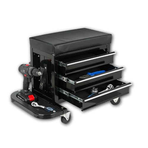 3-Drawer Tool Chest Rolling Mechanic Seat with 2 Foldable Side Trays & Swivel Casters – 350lbs Heavy-Duty Mobile Work Stool, Storage Organizer for Garage, Auto Repair, and Car Mechanics (Black)