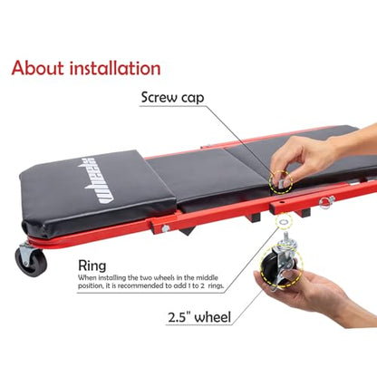 Mechanic Creeper 36 Inches 2-in-1 Z Seat with Brake, 340 lbs Capacity, Foldable Garage Chair Adjustable Rolling Folding with 6 pcs Wheels Roller, Lay Down or Sit Under Car Auto Repair Red Black - color: Red & Black
