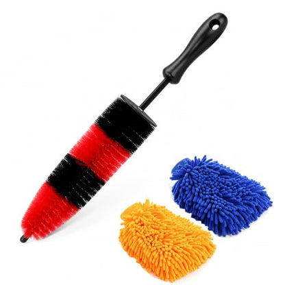 Wheel Brush and Car Wash Mitts Set, 3 PCS Car Cleaning Kit, 17 Inch Soft Bristle Wheel Cleaner Brush with 2 Microfiber car Wash Mitts, Scratch-Free Rim Tire Detailing Brush for Wheels, Tires, Rims