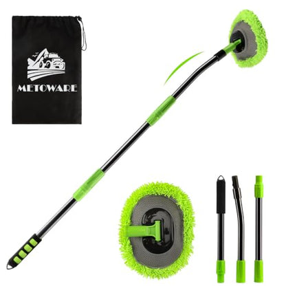 METOWARE 15° Curved Car Wash Mop, 47" Long 3-Section Sturdy Iron Pole | Scratch-Free Chenille Microfiber Soft Duster Mitt, Car Cleaning Supplies Kit for SUV, Truck, Boat, Window