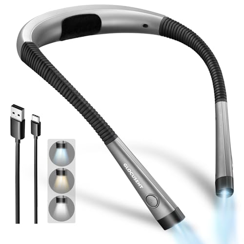 Glocusent Book Light, 3-Color & 6-Brightness Reading Light, Bendable Neck Light, 80-hr Lasting Rechargeable Book Light, Perfect Reading Lights for Books in Bed, Knitting, Repairing, Book Lovers Gifts | Neck light for bed, camping, knitting; 6 brightness,