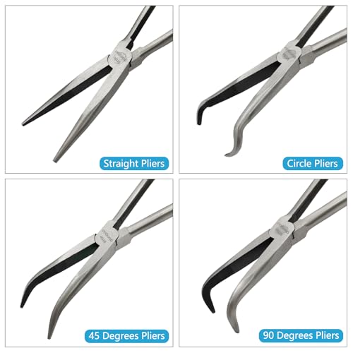 4 Pack 11" Precision Long Nose Pliers Set, Insulated Comfort Grip - Straight Needle Nose, 45/90 Degree Curved & Circle Tools for Wire Bending, Shaping, Trimming - size: 4pcs-11''
