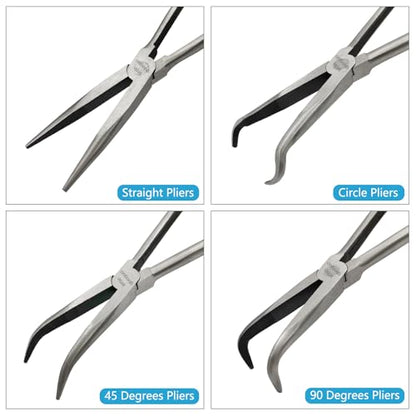 4 Pack 11" Precision Long Nose Pliers Set, Insulated Comfort Grip - Straight Needle Nose, 45/90 Degree Curved & Circle Tools for Wire Bending, Shaping, Trimming - size: 4pcs-11''