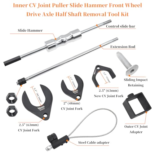 11 Piece Inner CV Axle Removal Tool, Heavy Duty Slide Hammer Puller Set | 63mm 48mm CV Joint Fork, Outer CV Joint Adapter and Steel Cable Adapter, Front Wheel Drive Axle Half Shaft Removal Tool Kit - size: 11pcs