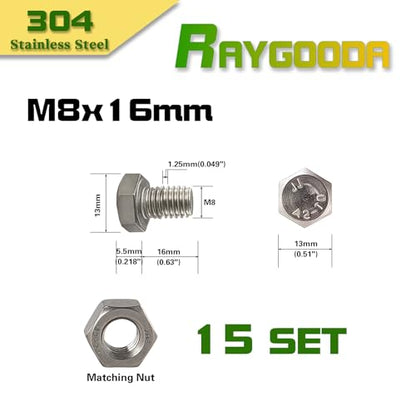 M8-1.25x16mm Hex Bolt and Nut Kit 15set, 304 Stainless Steel (A2-70), Full Thread, Bright Finish, Machine Threaded for Automotive, Machinery, DIY - size: M8x16mm(15 Sets）