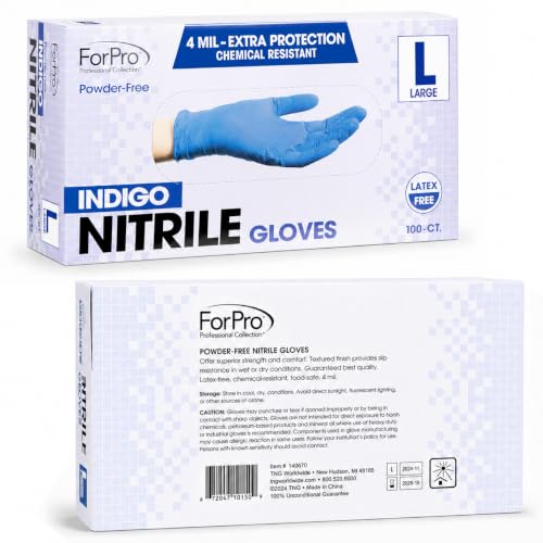 ForPro Disposable Nitrile Gloves, Chemical Resistant, Powder-Free, Latex-Free, Non-Sterile, Food Safe, 4 Mil - color: Indigo, size: Large (Pack of 100)