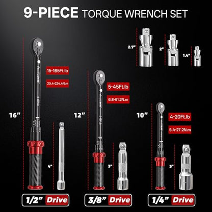 9pcs Click Torque Wrench Set, CNC Machining Handle, 1/4" 3/8" 1/2" Drive Dual-Direction Adjustable, 4-20Ft.lb / 5-45Ft.lb / 15-165Ft.lb, Dual-Scales ±3% Accuracy for Bicycle Motorcycle Car - size: 9pcs Torque wrench set