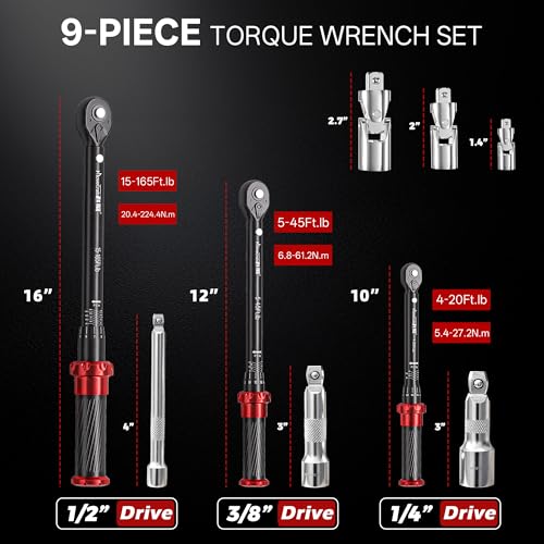 9pcs Click Torque Wrench Set, CNC Machining Handle, 1/4" 3/8" 1/2" Drive Dual-Direction Adjustable, 4-20Ft.lb / 5-45Ft.lb / 15-165Ft.lb, Dual-Scales ±3% Accuracy for Bicycle Motorcycle Car - size: 9pcs Torque wrench set