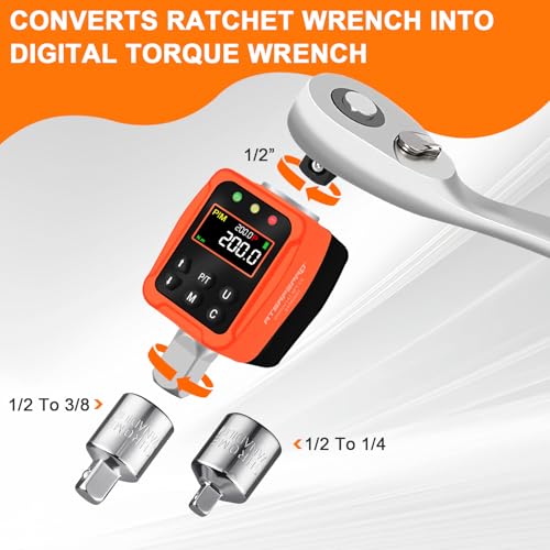 ATsafepro Digital Torque Adapter – 7-147 Ft-Lb, Converts Any 1/2" Ratchet Tool to Torque Wrench, 3/8" & 1/4" Adapters, ±2% Accuracy, Buzzer & LED Alerts, for Motorcycles, Bike & Versatile DIY Use - style: 1/2-Inch 7-147 Ft-Lb