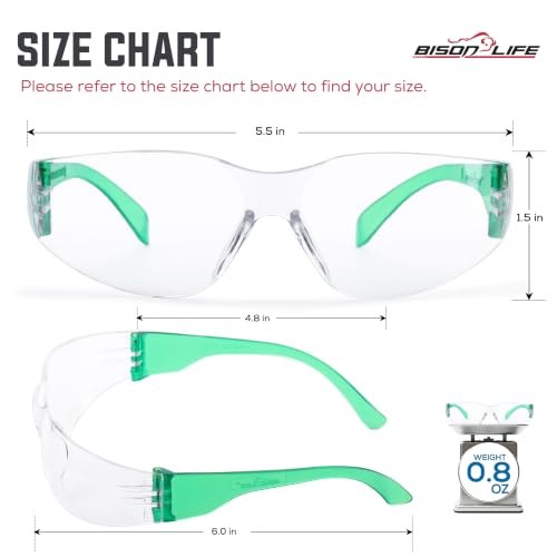 BISON LIFE Clear Safety Glasses – ANSI Z87.1 Certified Scratch & Impact Resistant Eye Protection Goggles for Men & Women - color: Clear/Green