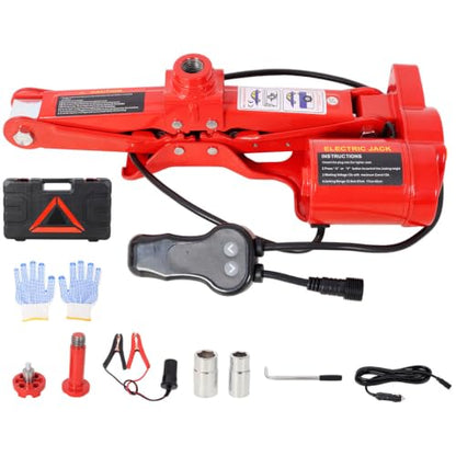 Electric Car Jack Kit 3 Ton, 12V Hydraulic Scissor Jack with Impact Wrench, Tire Inflator Pump, LED Light, Automatic Lifting System for Sedan Truck Tire Change Emergency Roadside Repair Red