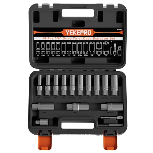 16PCS 3/8" Drive Deep Impact Bolt Extractor Set, Wheel Lock Removal Kit | Easy-out tool for removing damaged, frozen, rusted & rounded-off bolts, nuts, studs & screws, Cr-Mo steel - size: 16-pieces