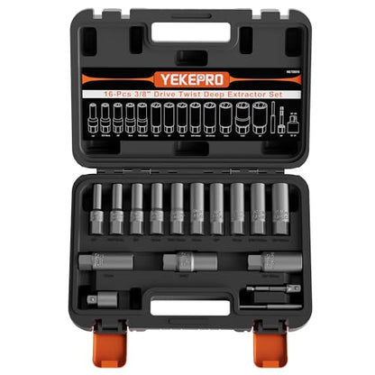 16PCS 3/8" Drive Deep Impact Bolt Extractor Set, Wheel Lock Removal Kit | Easy-out tool for removing damaged, frozen, rusted & rounded-off bolts, nuts, studs & screws, Cr-Mo steel - size: 16-pieces