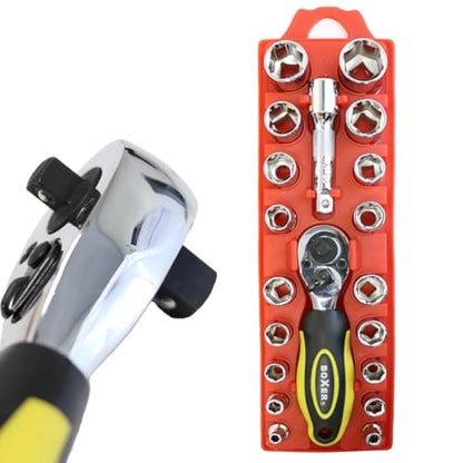 BoxerTool 21 Piece 1/4" & 3/8" Dual Head Ratchet Socket Mechanic Tool Set - Compact Wrench Set