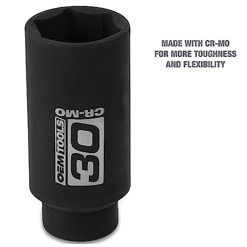 OEMTOOLS 25203 30mm Axle Nut Socket 1/2 Inch Driver, 30 mm Socket, 30 mm Socket 6 Point, 30mm Axle Nut Socket | CR-MO 30mm Impact Socket, Black Oxide Finish to Resist Rust, 6 Pt. 30mm Socket, Use for Tune-Ups - size: 30 mm