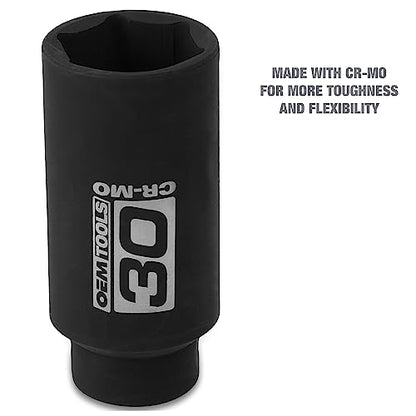 OEMTOOLS 25203 30mm Axle Nut Socket 1/2 Inch Driver, 30 mm Socket, 30 mm Socket 6 Point, 30mm Axle Nut Socket | CR-MO 30mm Impact Socket, Black Oxide Finish to Resist Rust, 6 Pt. 30mm Socket, Use for Tune-Ups - size: 30 mm