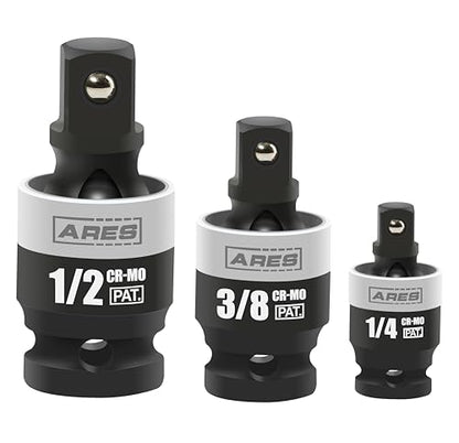 ARES 22036-3-Piece Slim Profile Impact Universal Joint Set - 1/4-Inch, 3/8-Inch and 1/2-Inch Drive Chrome Moly Steel Impact Grade U-Joint Sockets – Slim Body Profile for Superior Access - size: 1/4-Inch, 3/8-Inch, 1/2-Inch Slim Set