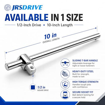 Sliding T Breaker Bar 1/2 inch Drive 10'' Length Socket Wrench Handle Heavy Duty Steel with High Torsion Force E-2210A