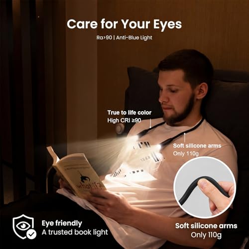 YEELIGHT Book Light for Reading at Night, 3-Color & 4-Brightness Reading Light, Rechargeable 1000mAh USB-C Neck Light, Ultra-Lightweight 110g Hands Free for Bed, Knitting, Repairing